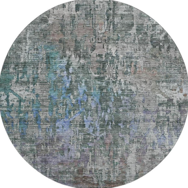 HomeRoots 8' X 8' Washable Fern Green, Blue & Beige Abstract Round Rug with UV Protection for Active Homes 692259