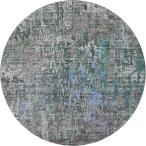 HomeRoots 8' X 8' Washable Fern Green, Blue & Beige Abstract Round Rug with UV Protection for Active Homes 692259