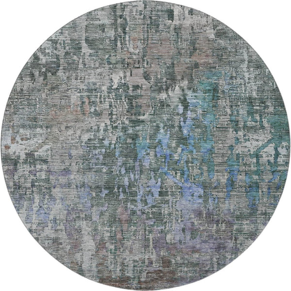 HomeRoots 8' X 8' Washable Fern Green, Blue & Beige Abstract Round Rug with UV Protection for Active Homes 692259