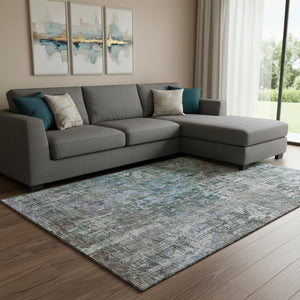 HomeRoots 8' Washable Fern Green, Blue & Beige Abstract Area Rug - UV Protected, Stain-Resistant & Stylish! 692260