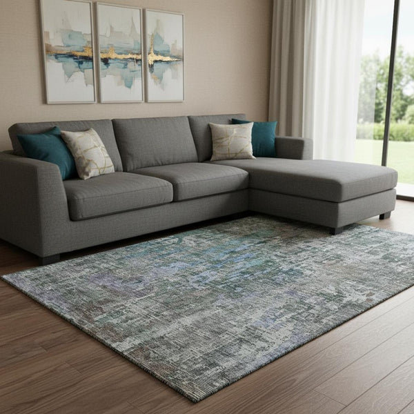 HomeRoots 8' Washable Fern Green, Blue & Beige Abstract Area Rug - UV Protected, Stain-Resistant & Stylish! 692260