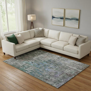 HomeRoots 9' X 12' Fern Green, Blue & Beige Abstract Washable Area Rug – Durable, Stain-Resistant & UV Protected! 692261