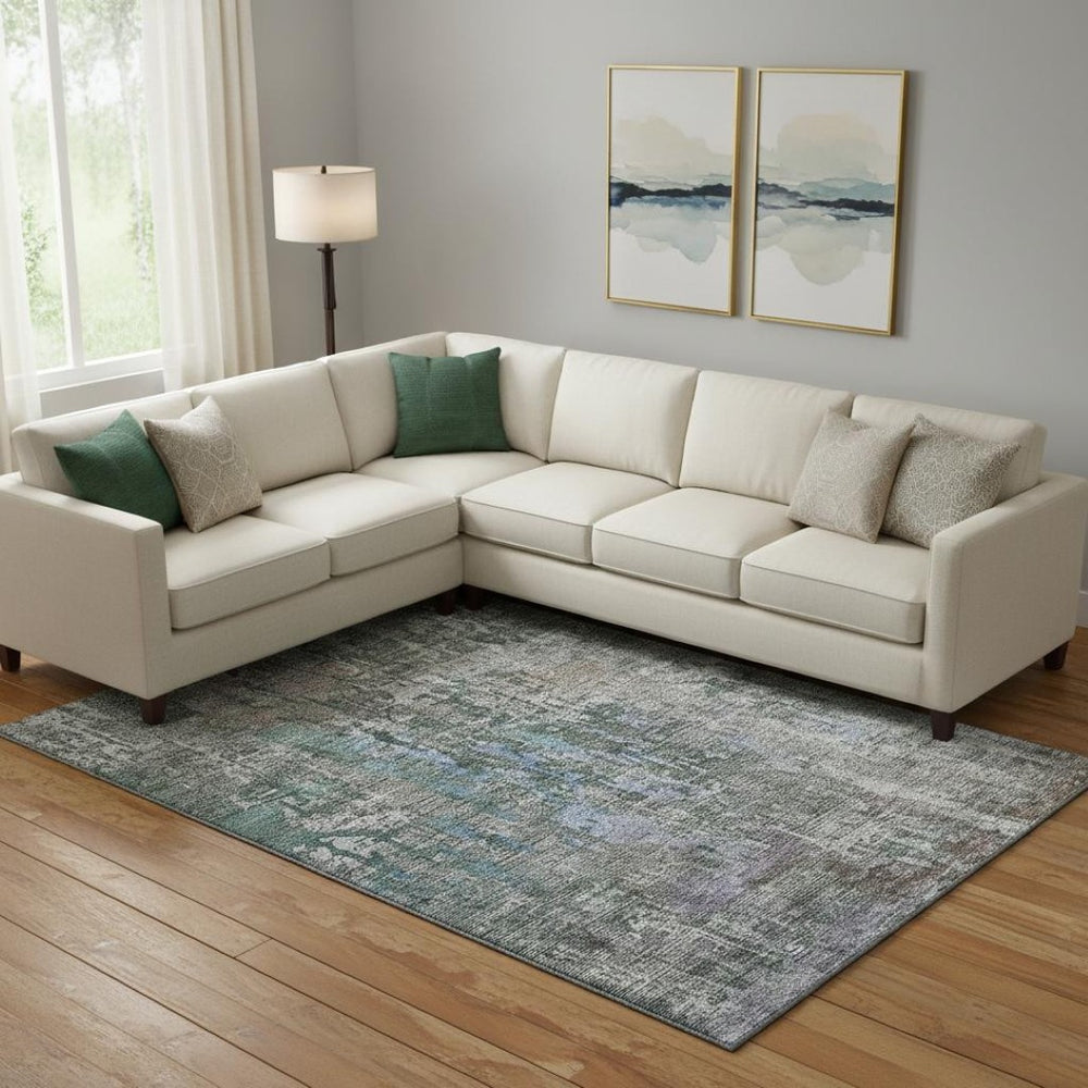 HomeRoots 10' X 14' Abstract Washable Area Rug - Fern Green, Blue & Beige with UV Protection for Busy Homes 692262