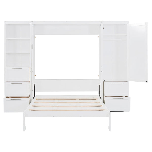 English Elm Queen Murphy Wall Bed with Wardrobe Drawers and Shelves for Studio or Guest Room White LP000865AAK-1