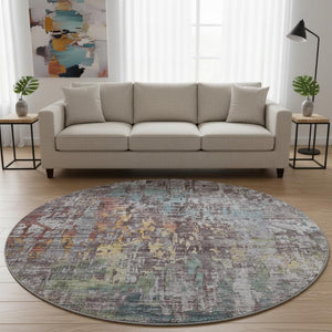 HomeRoots 8' X 8' Round Washable Rug - Modern Pewter, Gold & Eggplant Abstract Design with UV Protection 692271