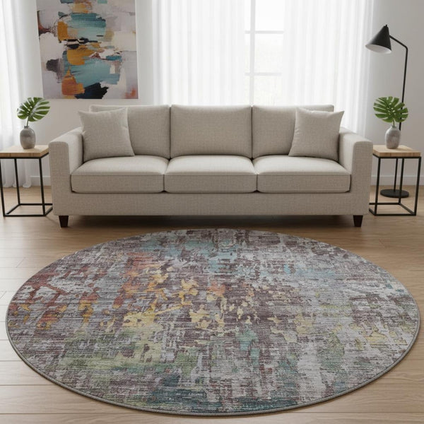 HomeRoots 8' X 8' Round Washable Rug - Modern Pewter, Gold & Eggplant Abstract Design with UV Protection 692271