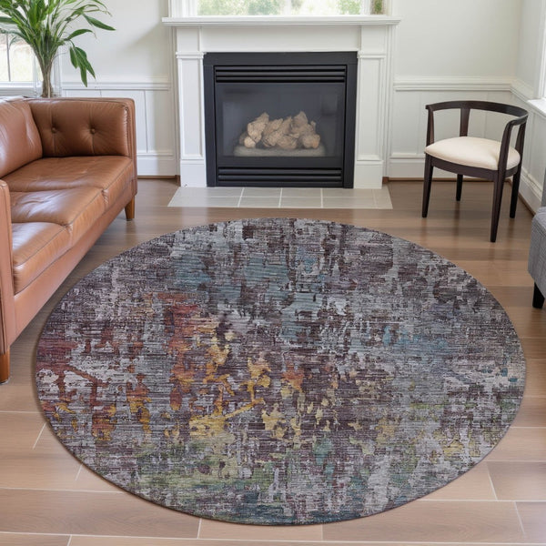 HomeRoots 8' X 8' Round Washable Rug - Modern Pewter, Gold & Eggplant Abstract Design with UV Protection 692271