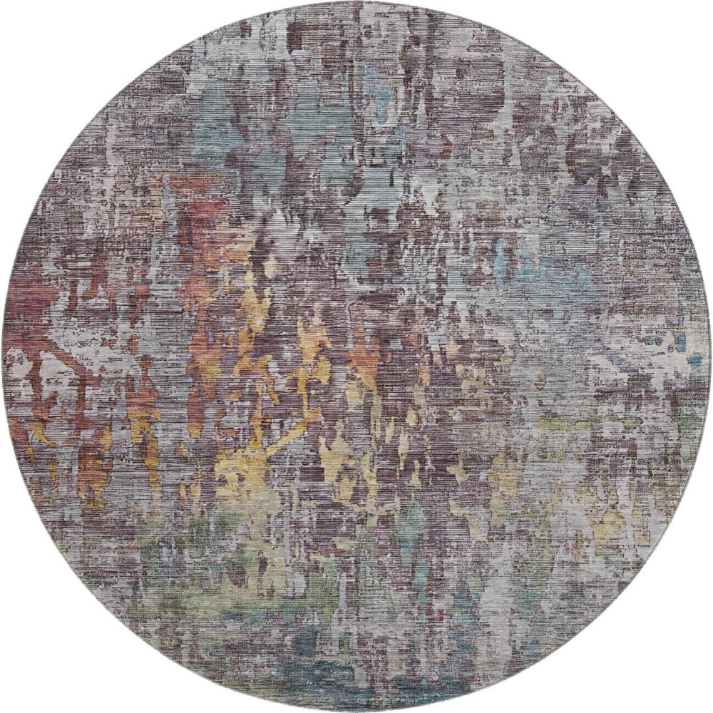 HomeRoots 8' X 8' Round Washable Rug - Modern Pewter, Gold & Eggplant Abstract Design with UV Protection 692271
