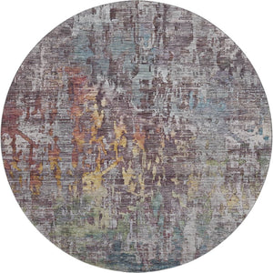 HomeRoots 8' X 8' Round Washable Rug - Modern Pewter, Gold & Eggplant Abstract Design with UV Protection 692271