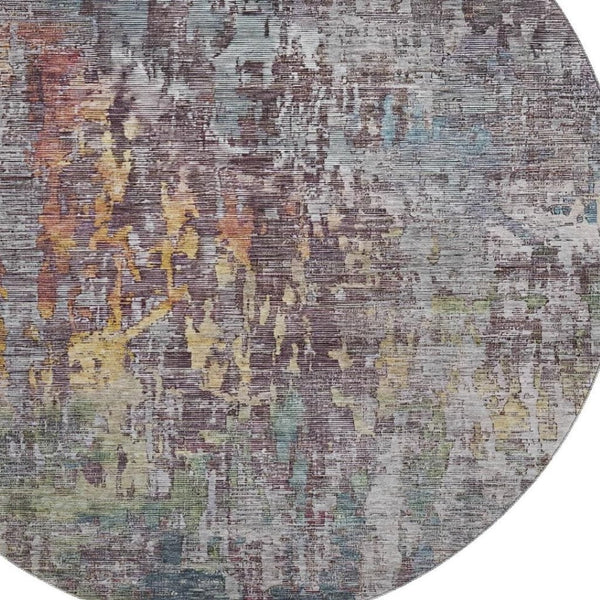 HomeRoots 8' X 8' Round Washable Rug - Modern Pewter, Gold & Eggplant Abstract Design with UV Protection 692271