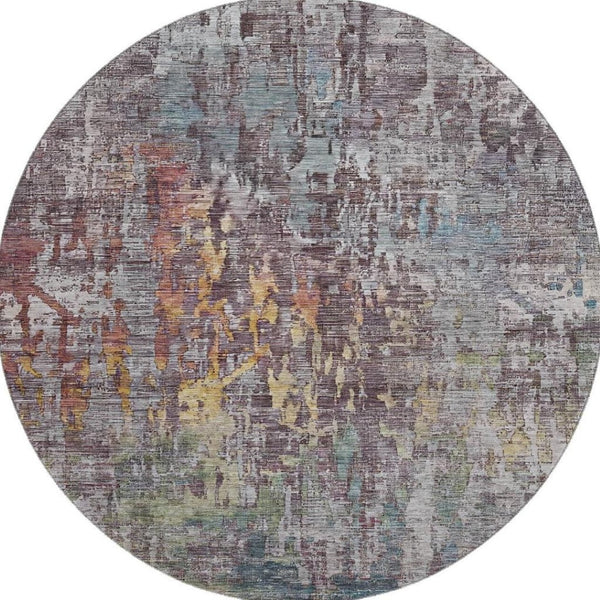 HomeRoots 8' X 8' Round Washable Rug - Modern Pewter, Gold & Eggplant Abstract Design with UV Protection 692271