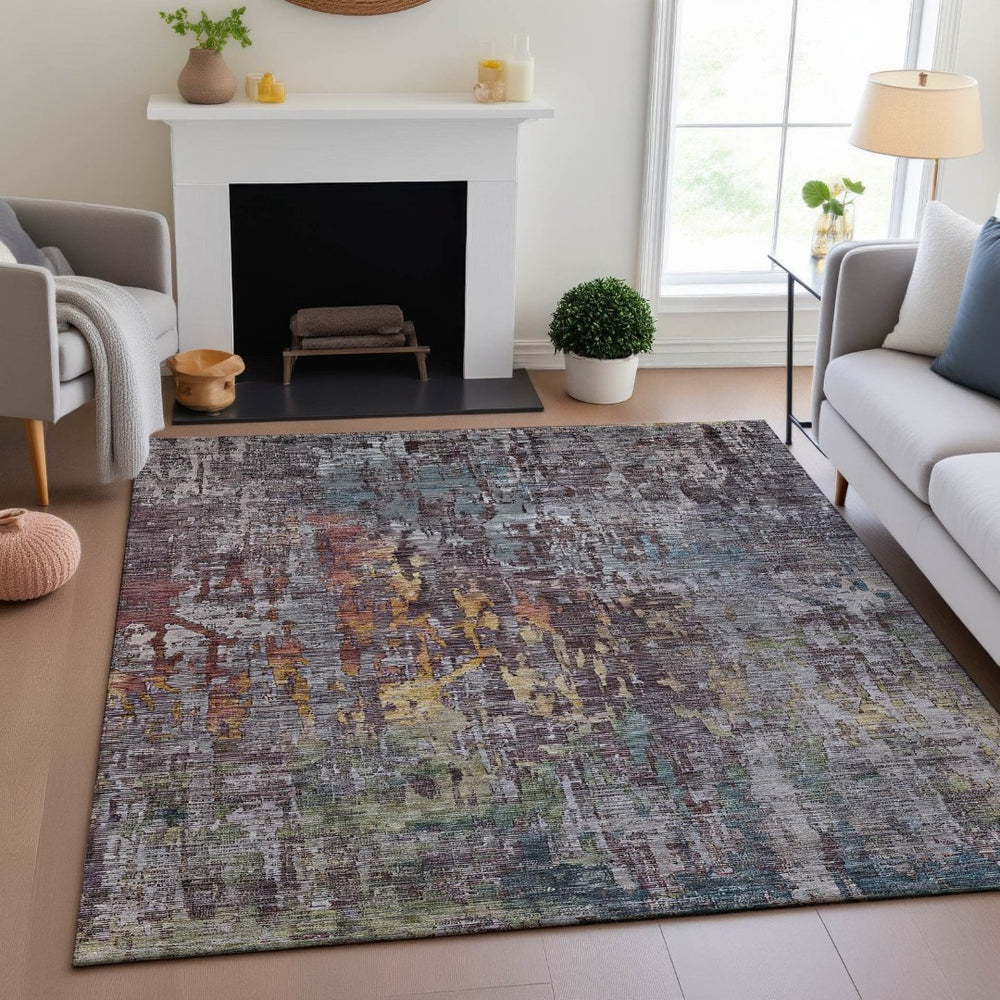 HomeRoots 9' X 12' Washable Abstract Area Rug in Pewter Gold & Eggplant - Durable, UV-Protected, Stylish Design 692273