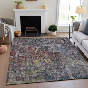 HomeRoots 10' X 14' Modern Pewter Gold Eggplant Abstract Washable Area Rug with UV Protection & Stain Resistance 692274
