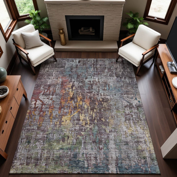 HomeRoots 10' X 14' Modern Pewter Gold Eggplant Abstract Washable Area Rug with UV Protection & Stain Resistance 692274