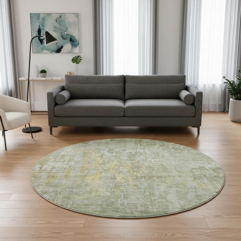 HomeRoots 8' X 8' Sage Gold Beige Abstract Round Area Rug - Washable, UV Protected, Perfect for High-Traffic Spaces 692277