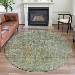 HomeRoots 8' X 8' Sage Gold Beige Abstract Round Area Rug - Washable, UV Protected, Perfect for High-Traffic Spaces 692277