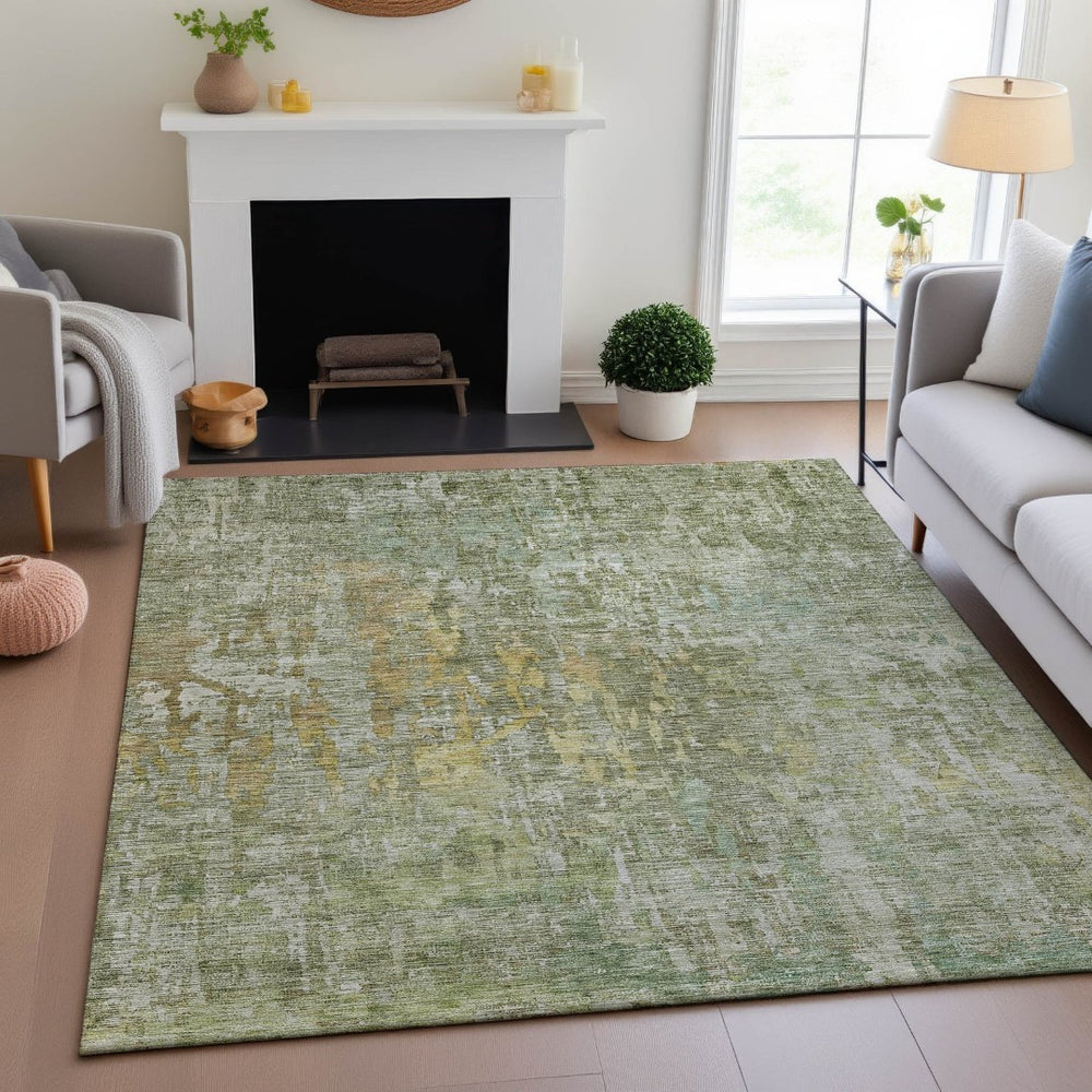 HomeRoots 10' X 14' Modern Sage Gold Beige Abstract Area Rug – Washable, UV-Protected & Stain-Resistant Design 692280