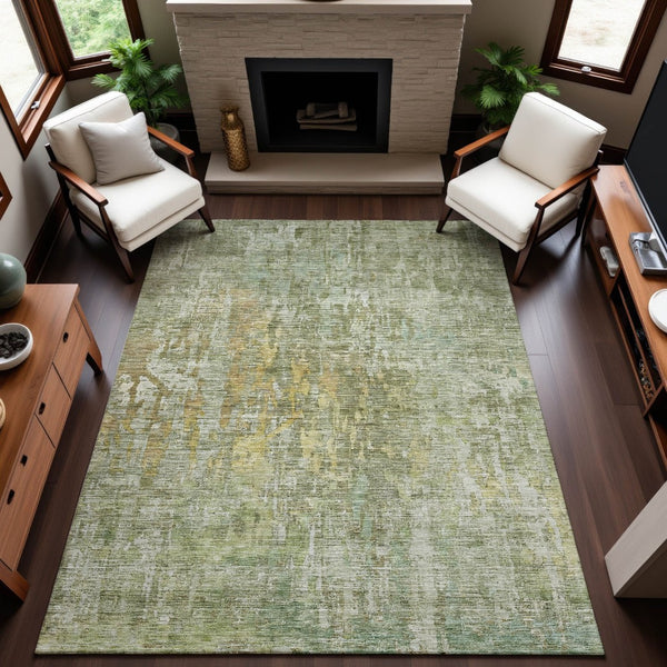 HomeRoots 10' X 14' Modern Sage Gold Beige Abstract Area Rug – Washable, UV-Protected & Stain-Resistant Design 692280
