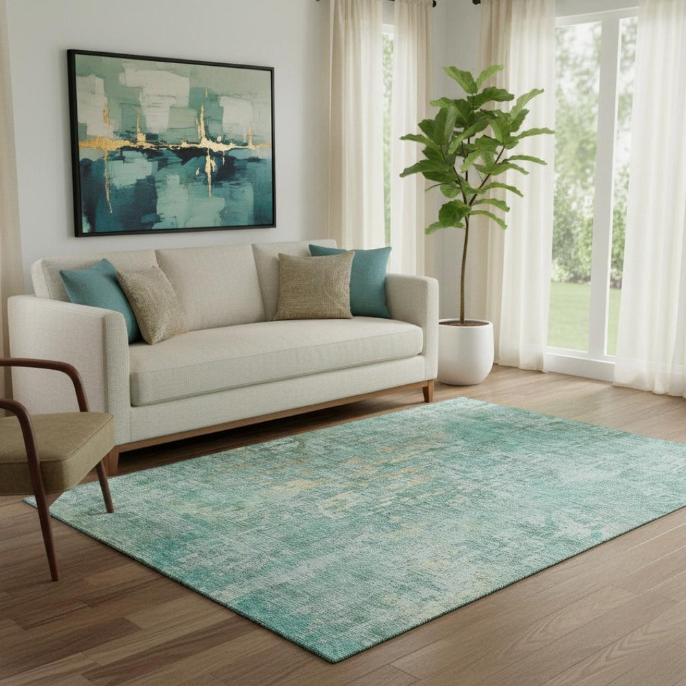 HomeRoots 5' X 8' Teal and Gold Abstract Area Rug – Stylish, Washable, UV-Protected, Family-Friendly Design! 692282