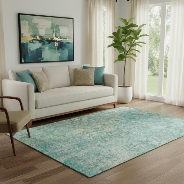 HomeRoots 5' X 8' Teal and Gold Abstract Area Rug – Stylish, Washable, UV-Protected, Family-Friendly Design! 692282