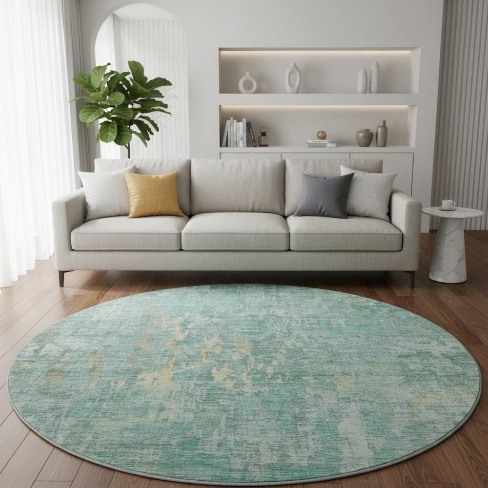 HomeRoots 8' X 8' Teal & Gold Abstract Washable Round Rug - Durable, Stylish, UV-Protected for Modern Spaces 692283
