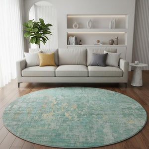 HomeRoots 8' X 8' Teal & Gold Abstract Washable Round Rug - Durable, Stylish, UV-Protected for Modern Spaces 692283