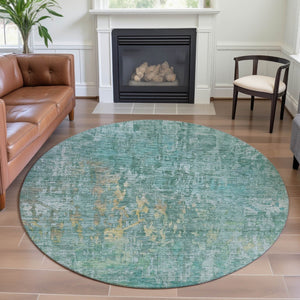 HomeRoots 8' X 8' Teal & Gold Abstract Washable Round Rug - Durable, Stylish, UV-Protected for Modern Spaces 692283