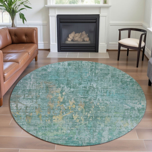 HomeRoots 8' X 8' Teal & Gold Abstract Washable Round Rug - Durable, Stylish, UV-Protected for Modern Spaces 692283