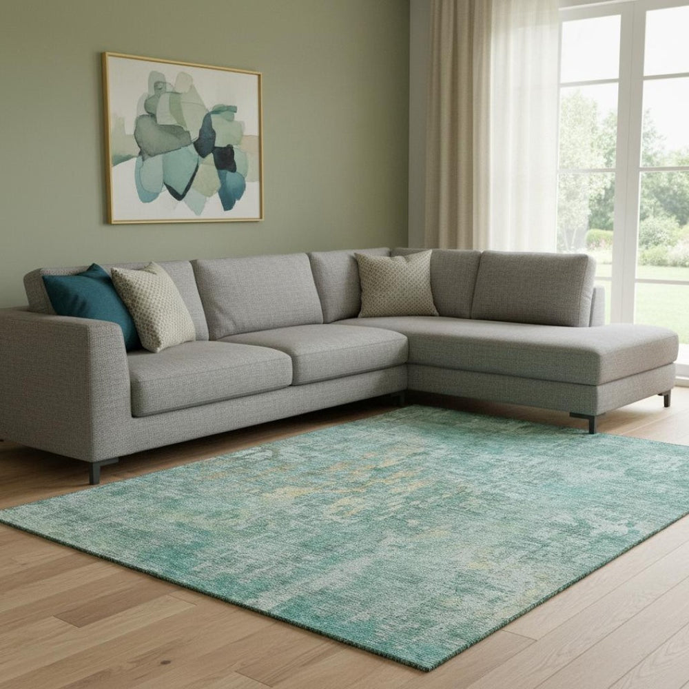 HomeRoots 8' Teal And Gold Abstract Area Rug - Machine Washable, UV Protected, Durable for Busy Homes 692284