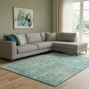 HomeRoots 8' Teal And Gold Abstract Area Rug - Machine Washable, UV Protected, Durable for Busy Homes 692284