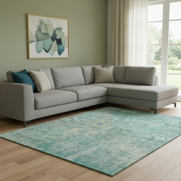 HomeRoots 8' Teal And Gold Abstract Area Rug - Machine Washable, UV Protected, Durable for Busy Homes 692284