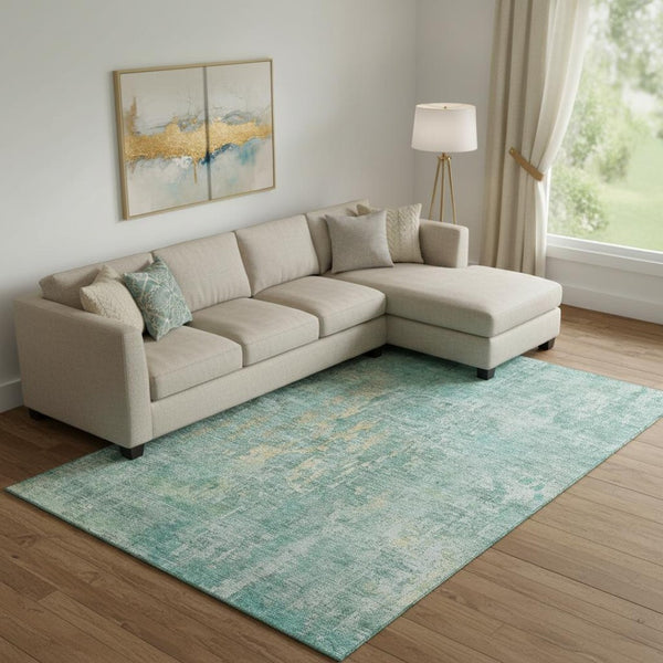 HomeRoots 9' X 12' Teal and Gold Abstract Area Rug - Washable, Stain Resistant & UV Protected for Modern Homes 692285