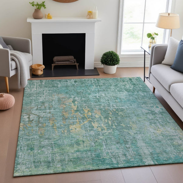 HomeRoots 9' X 12' Teal and Gold Abstract Area Rug - Washable, Stain Resistant & UV Protected for Modern Homes 692285