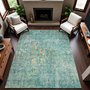 HomeRoots 9' X 12' Teal and Gold Abstract Area Rug - Washable, Stain Resistant & UV Protected for Modern Homes 692285