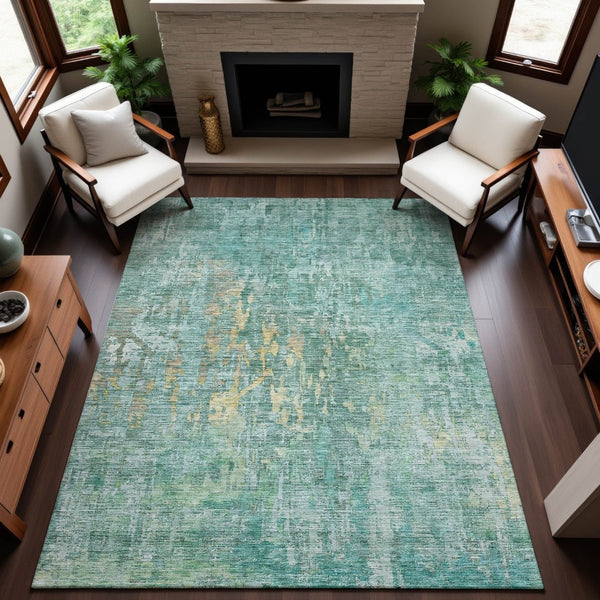 HomeRoots 9' X 12' Teal and Gold Abstract Area Rug - Washable, Stain Resistant & UV Protected for Modern Homes 692285