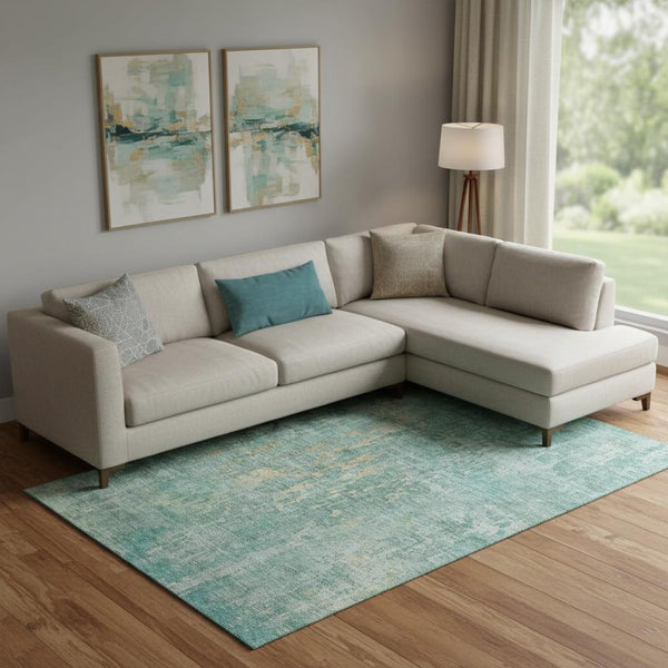 HomeRoots 10' X 14' Teal and Gold Abstract Area Rug – Soft, Stain-Resistant, UV-Protected for Modern Spaces 692286