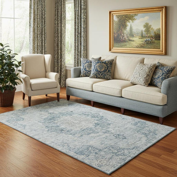 HomeRoots 5' X 8' Blue Floral Area Rug - Washable, Stain-Resistant, UV Protected, Non-Slip Design for Durability 692288