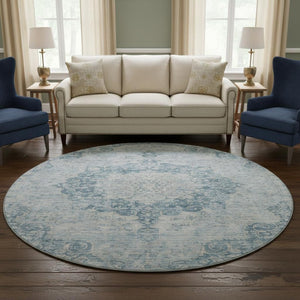 HomeRoots 8' X 8' Blue And Ivory Floral Round Rug – Machine Washable, UV Protected, Stain Resistant Comfort 692289