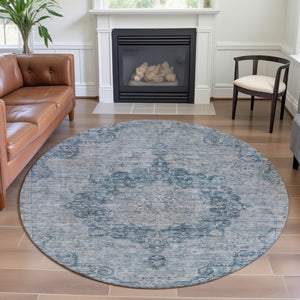 HomeRoots 8' X 8' Blue And Ivory Floral Round Rug – Machine Washable, UV Protected, Stain Resistant Comfort 692289