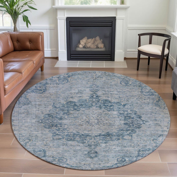 HomeRoots 8' X 8' Blue And Ivory Floral Round Rug – Machine Washable, UV Protected, Stain Resistant Comfort 692289