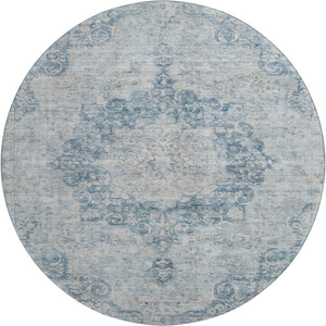 HomeRoots 8' X 8' Blue And Ivory Floral Round Rug – Machine Washable, UV Protected, Stain Resistant Comfort 692289