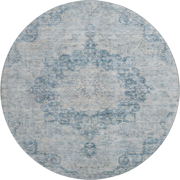HomeRoots 8' X 8' Blue And Ivory Floral Round Rug – Machine Washable, UV Protected, Stain Resistant Comfort 692289