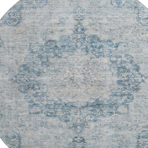 HomeRoots 8' X 8' Blue And Ivory Floral Round Rug – Machine Washable, UV Protected, Stain Resistant Comfort 692289