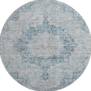 HomeRoots 8' X 8' Blue And Ivory Floral Round Rug – Machine Washable, UV Protected, Stain Resistant Comfort 692289