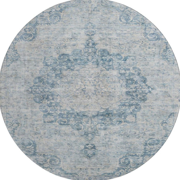 HomeRoots 8' X 8' Blue And Ivory Floral Round Rug – Machine Washable, UV Protected, Stain Resistant Comfort 692289