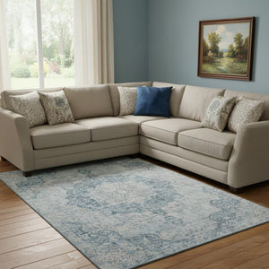 HomeRoots 8' Blue And Ivory Floral Washable Area Rug - Stain Resistant, UV Protected, Perfect for Busy Homes! 692290