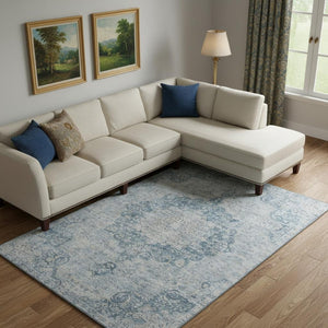 HomeRoots 9' X 12' Blue And Ivory Floral Area Rug – Washable, UV Protected, Durable Design for Every Space 692291
