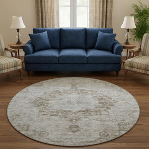 HomeRoots 8' X 8' Chocolate & Beige Oriental Round Rug – Washable, UV-Protected, Stylish & Durable for Homes 692295