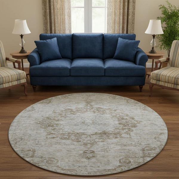 HomeRoots 8' X 8' Chocolate & Beige Oriental Round Rug – Washable, UV-Protected, Stylish & Durable for Homes 692295