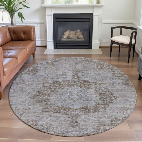 HomeRoots 8' X 8' Chocolate & Beige Oriental Round Rug – Washable, UV-Protected, Stylish & Durable for Homes 692295